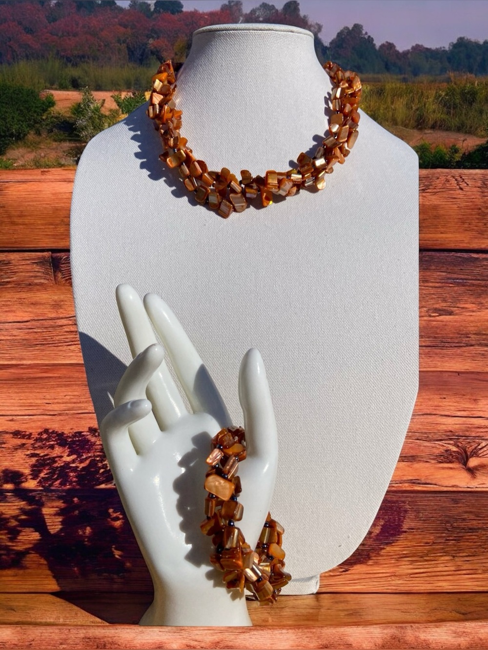 NEW Handcrafted Brown Amber Stone Necklace and Bracelet Set
